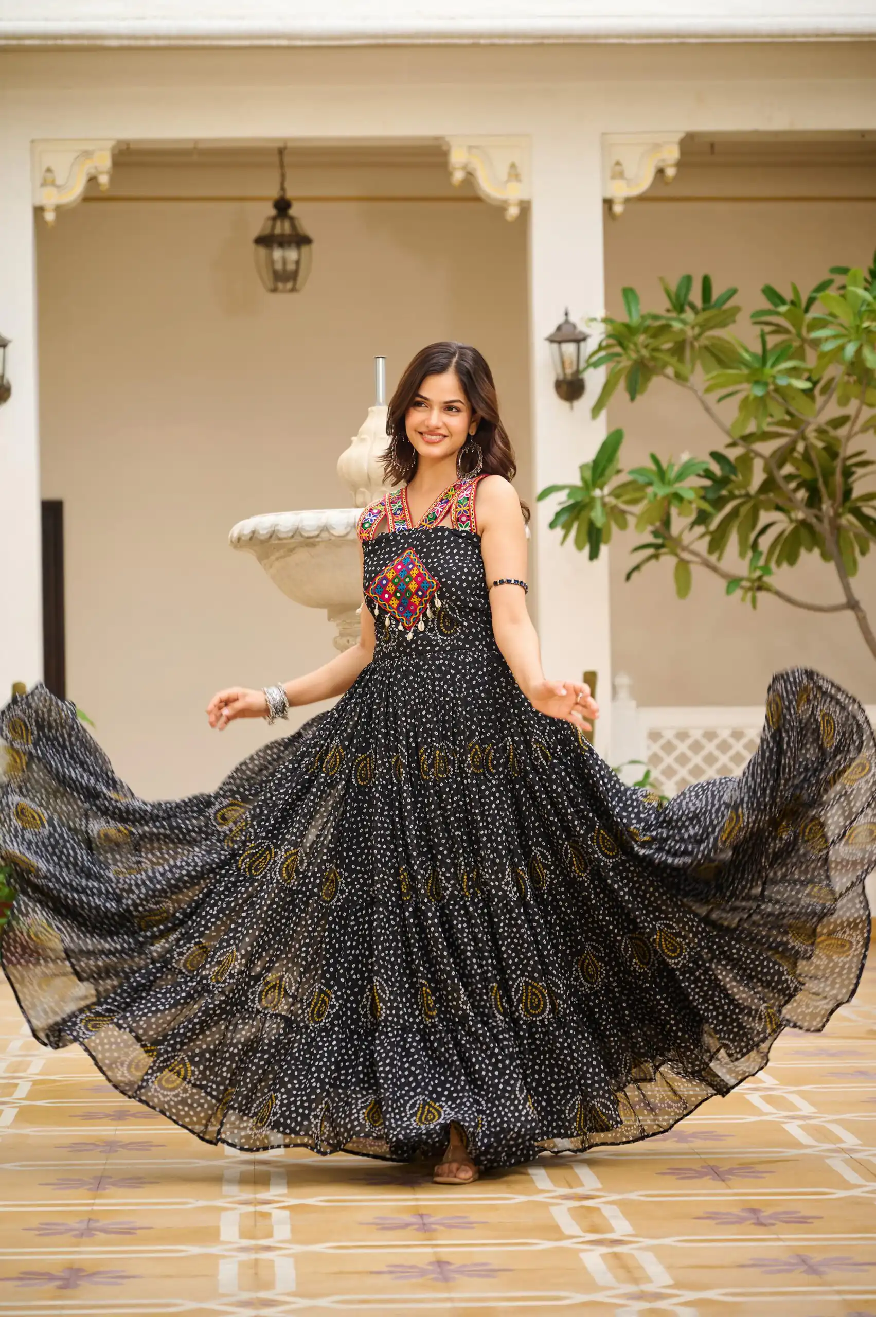 Graceful Black Georgette Bandhni Print Mirror Work Gown - Image 3