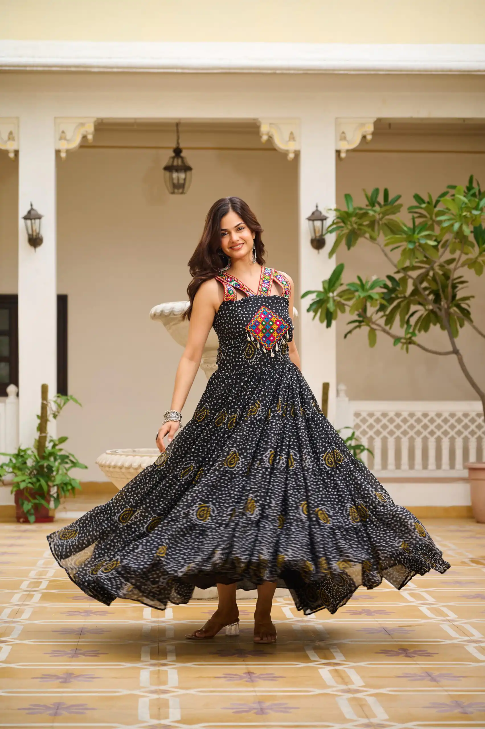 Graceful Black Georgette Bandhni Print Mirror Work Gown - Image 2