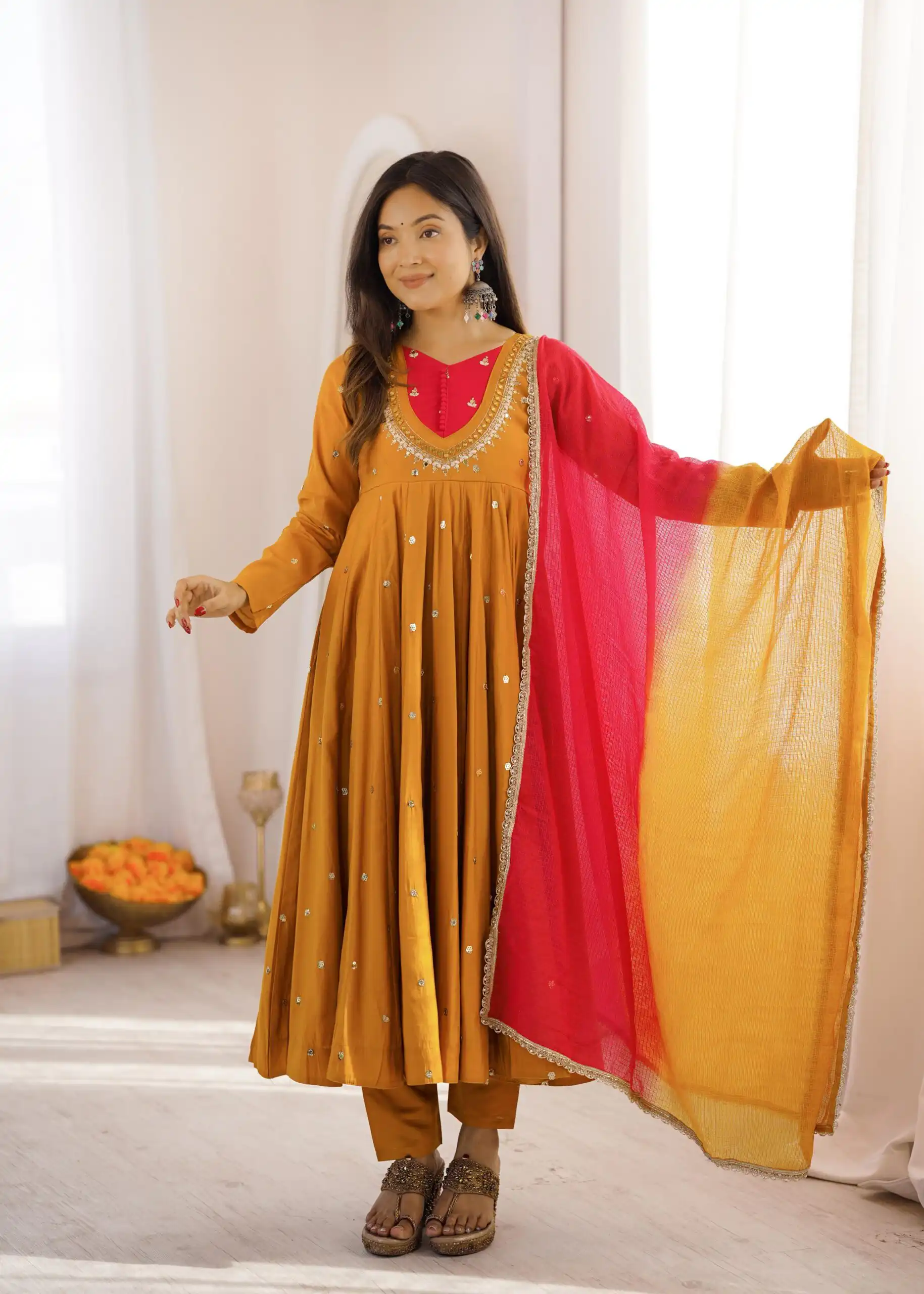 Lovely Mustered Roman Silk Mirror Embroidery Work Gown - Image 2