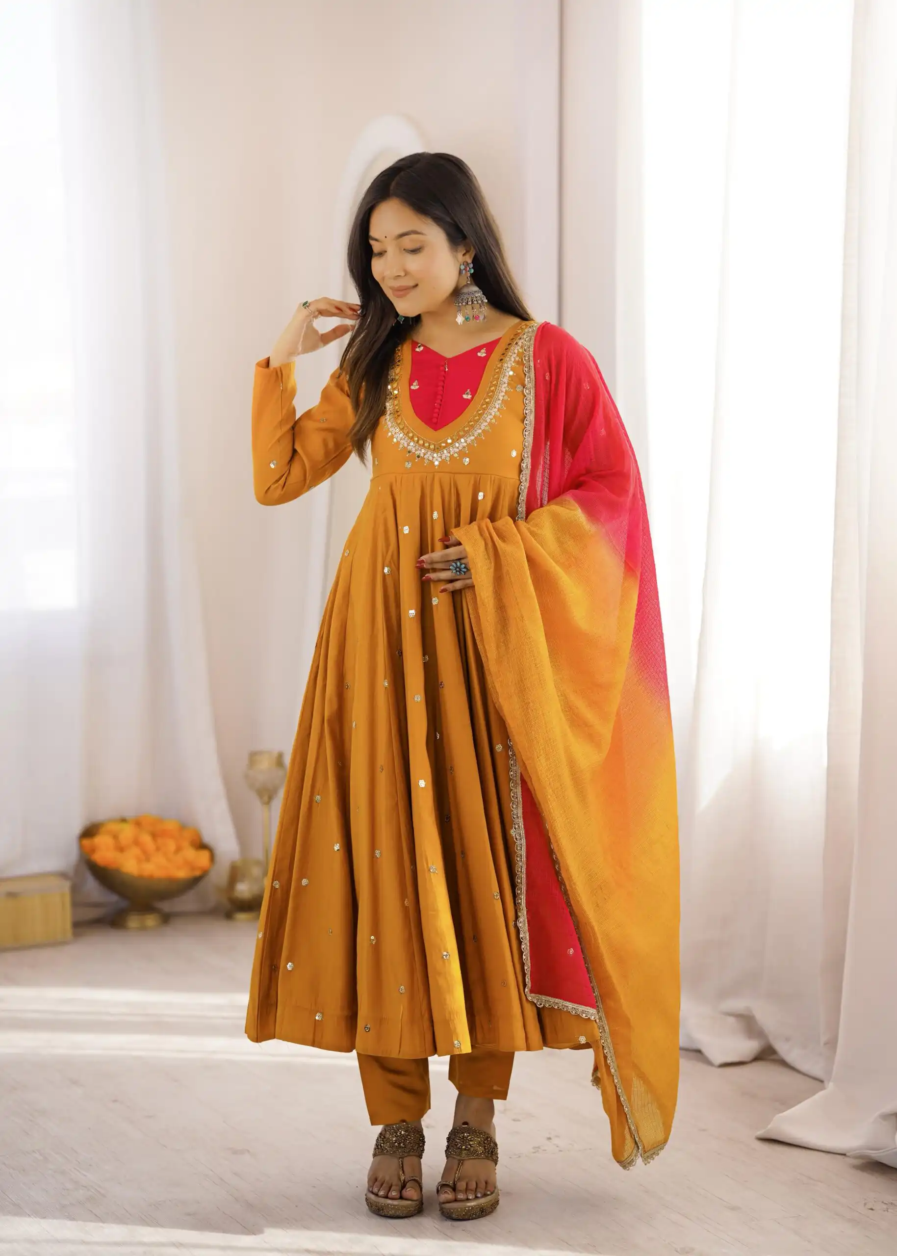 Lovely Mustered Roman Silk Mirror Embroidery Work Gown