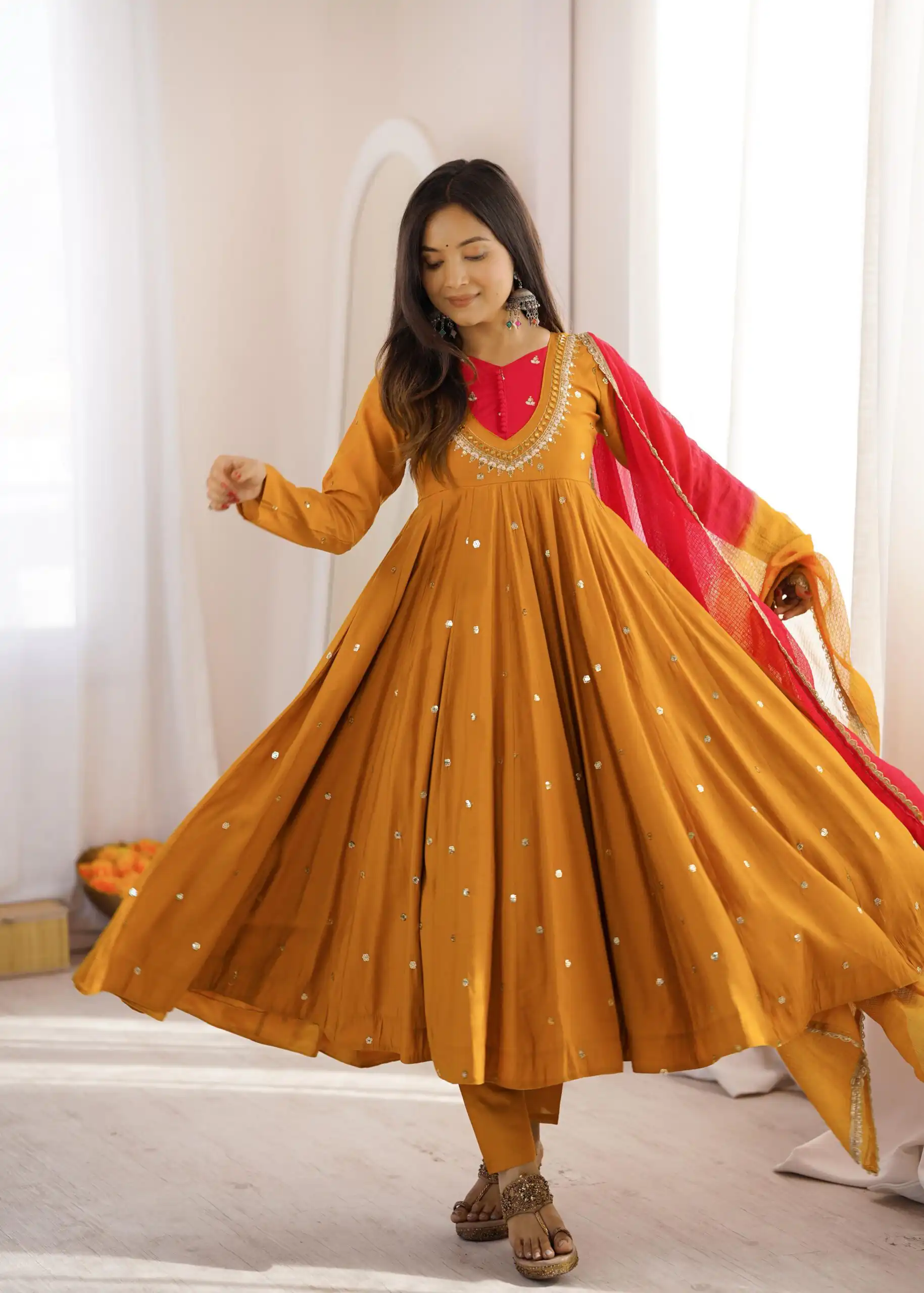 Lovely Mustered Roman Silk Mirror Embroidery Work Gown - Image 9