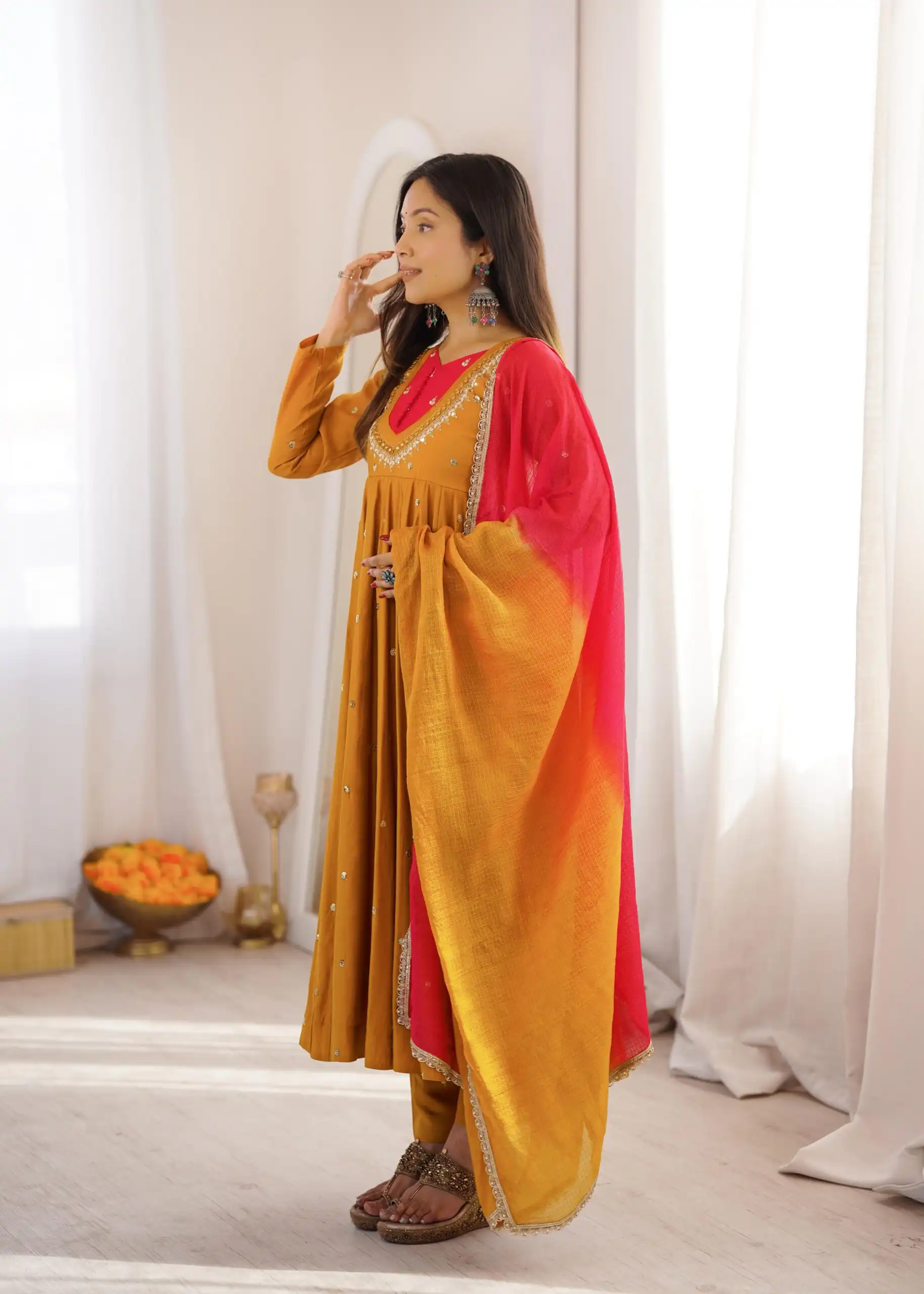 Lovely Mustered Roman Silk Mirror Embroidery Work Gown - Image 4