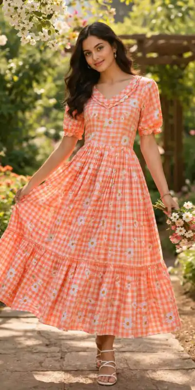 Alternative view of Magical Peach Muslin Silk Gingham Printed Kurti