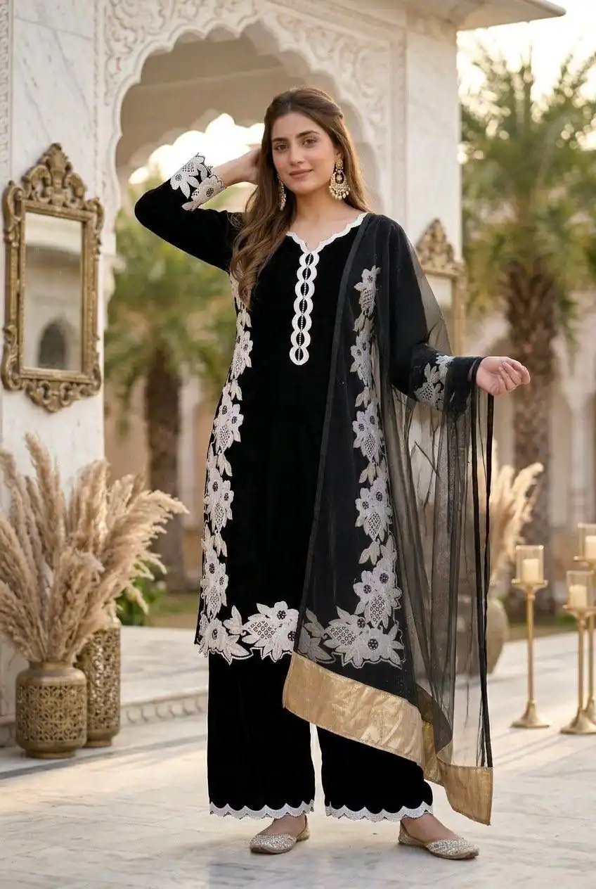 Pretty Black Natural Silk Embroidery Work Salwar Suit - Image 2