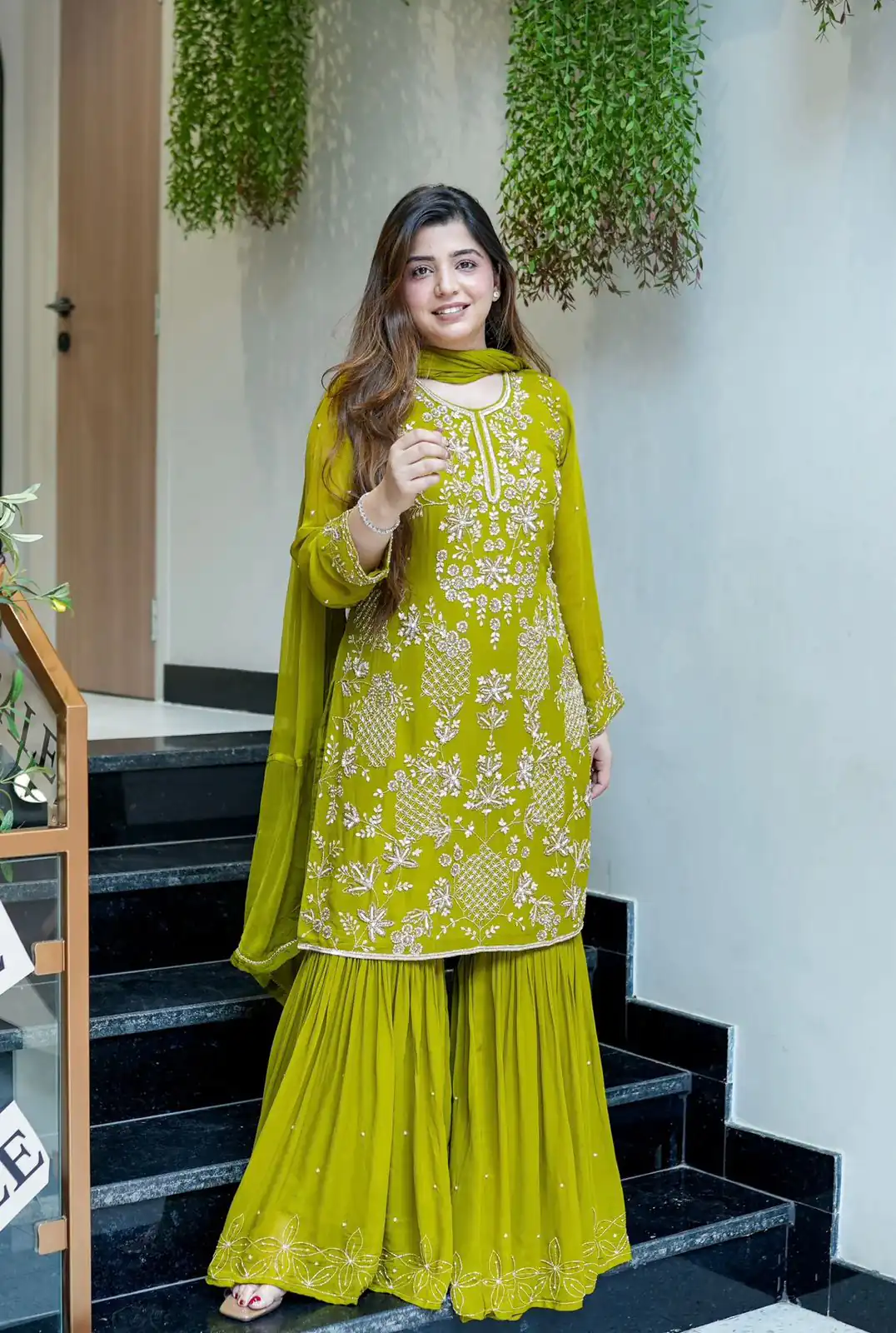 Pretty Green Faux Georgette Embroidery Work Salwar Suit - Image 3