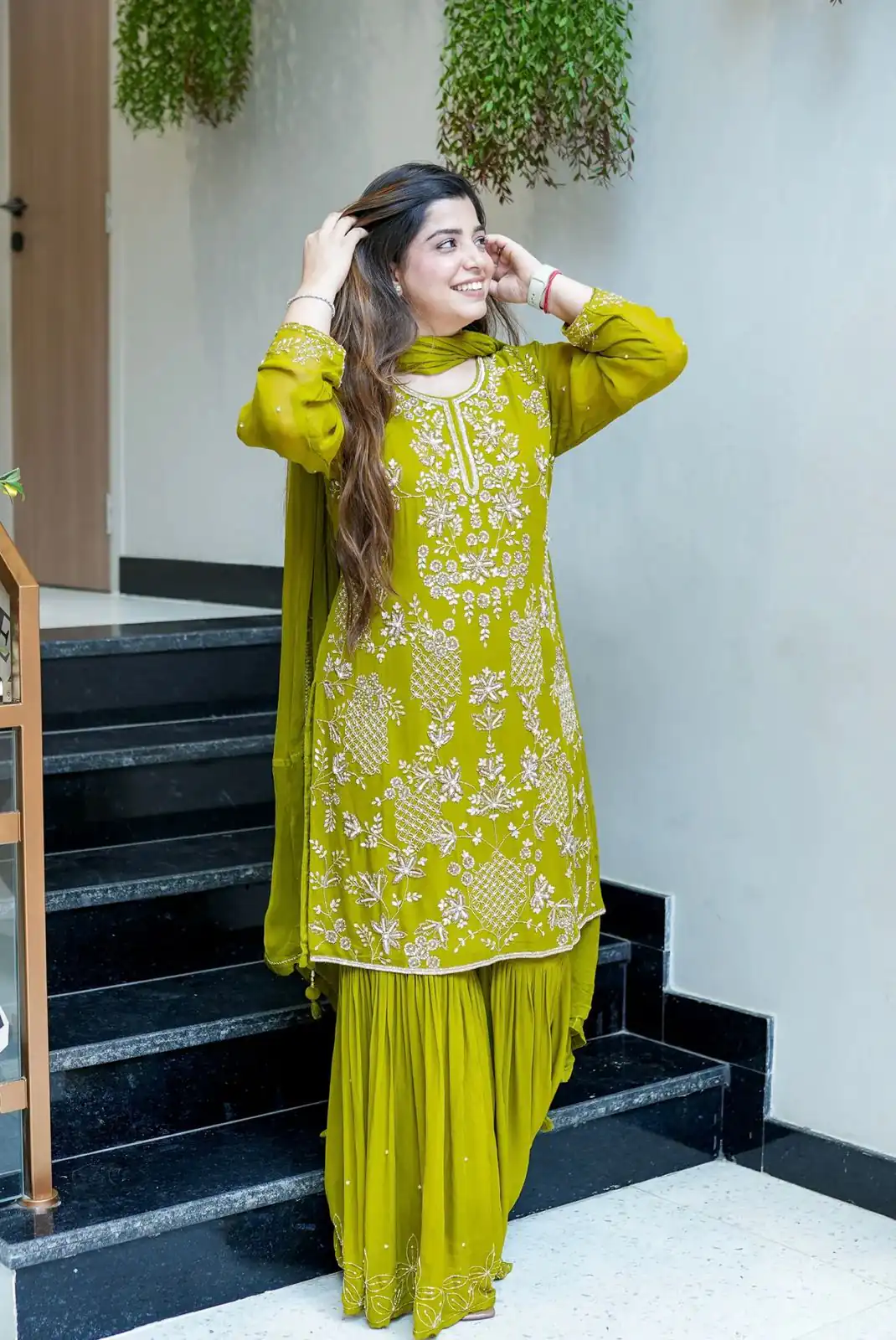 Pretty Green Faux Georgette Embroidery Work Salwar Suit - Image 2