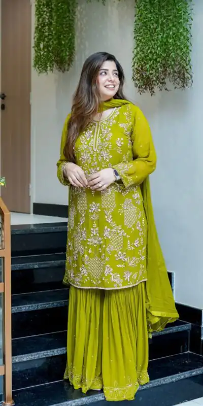 Pretty Green Faux Georgette Embroidery Work Salwar Suit
