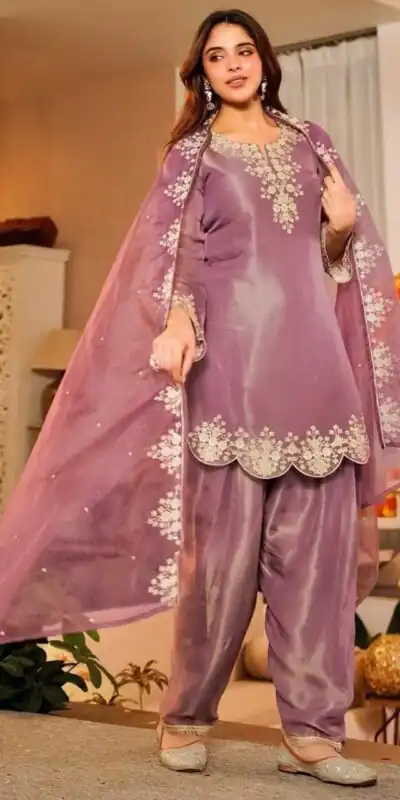 Alternative view of Pretty Purple Fandy Satin Embroidery Work Salwar Suit