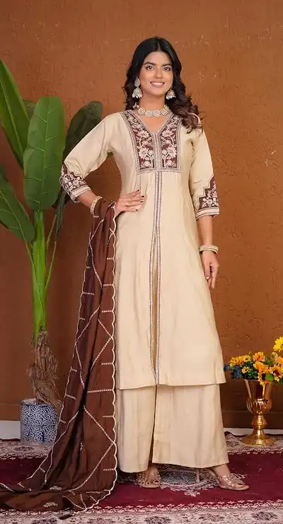 Shiny Cream Roman Silk Thread Work Salwar Suit