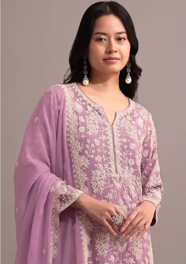 Shiny Onion Georgette Embroidery Lace Work Salwar Suit - Image 2