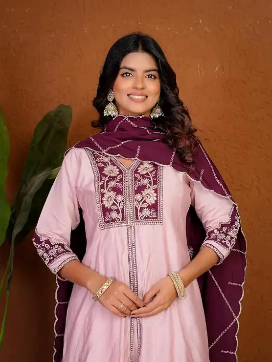 Shiny Pink Roman Silk Thread Work Salwar Suit - Image 2