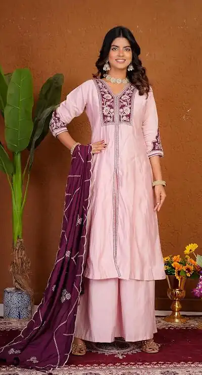 Shiny Pink Roman Silk Thread Work Salwar Suit