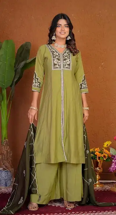 Shiny Pista Roman Silk Thread Work Salwar Suit