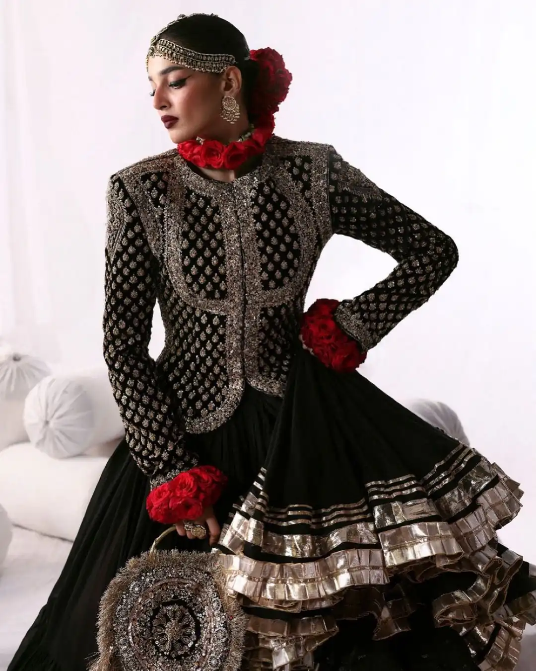 Solid Black Faux Georgette Thread With Sequence Lehenga Choli - Image 3