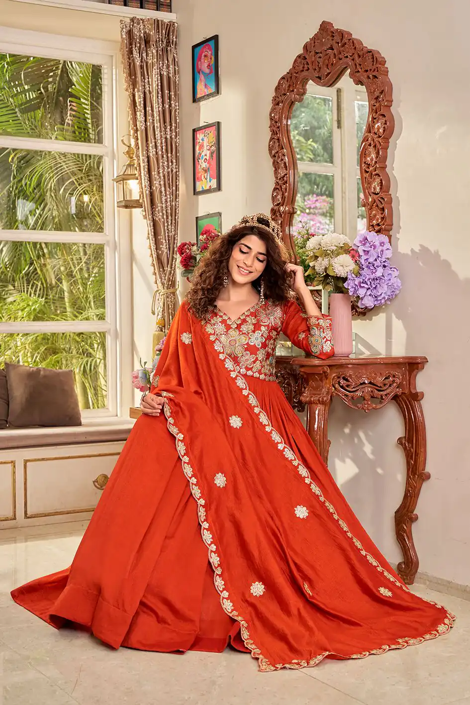 Stunning Orange Vichitra Embroider Work Gown - Image 2