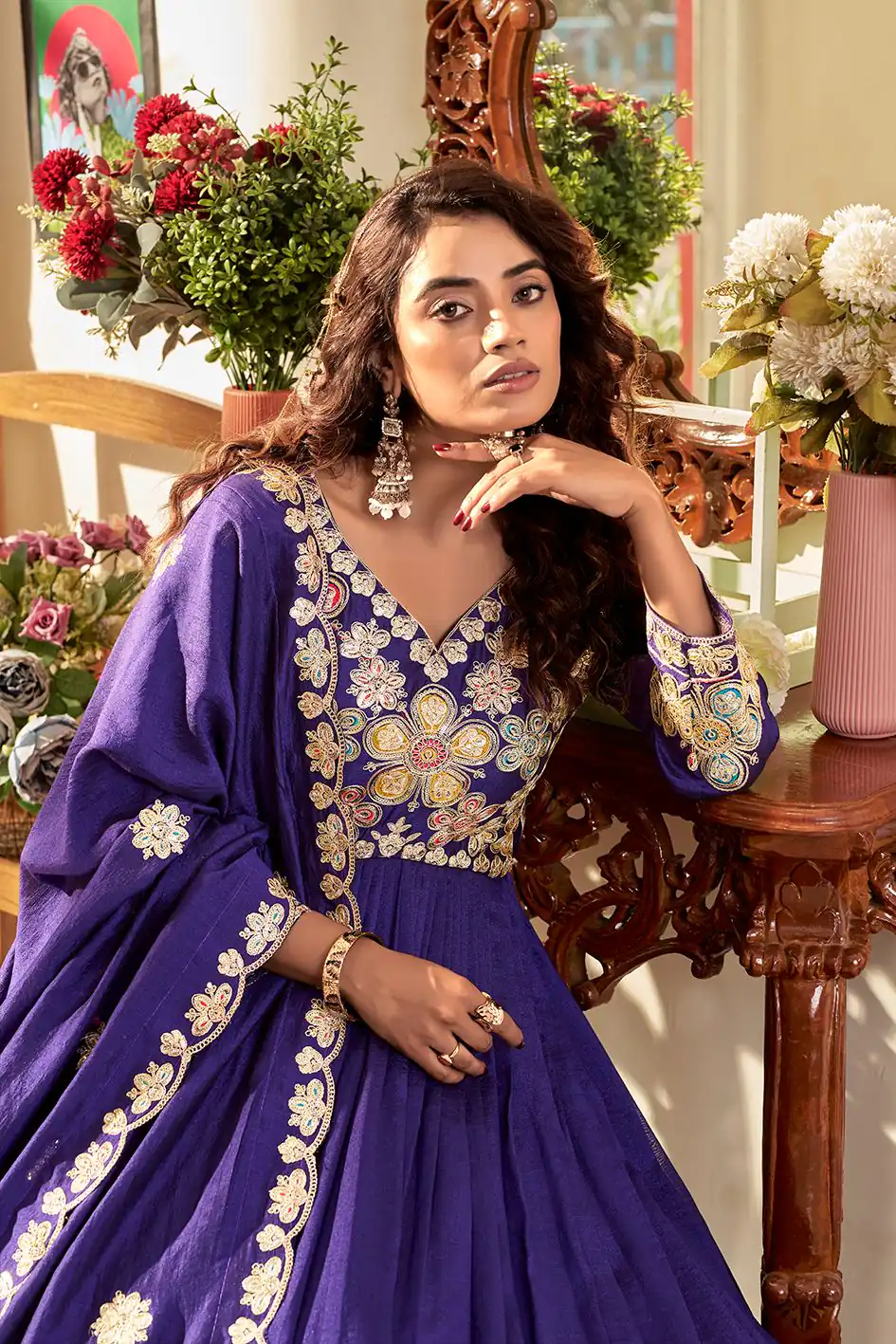Stunning Purple Vichitra Embroider Work Gown - Image 3