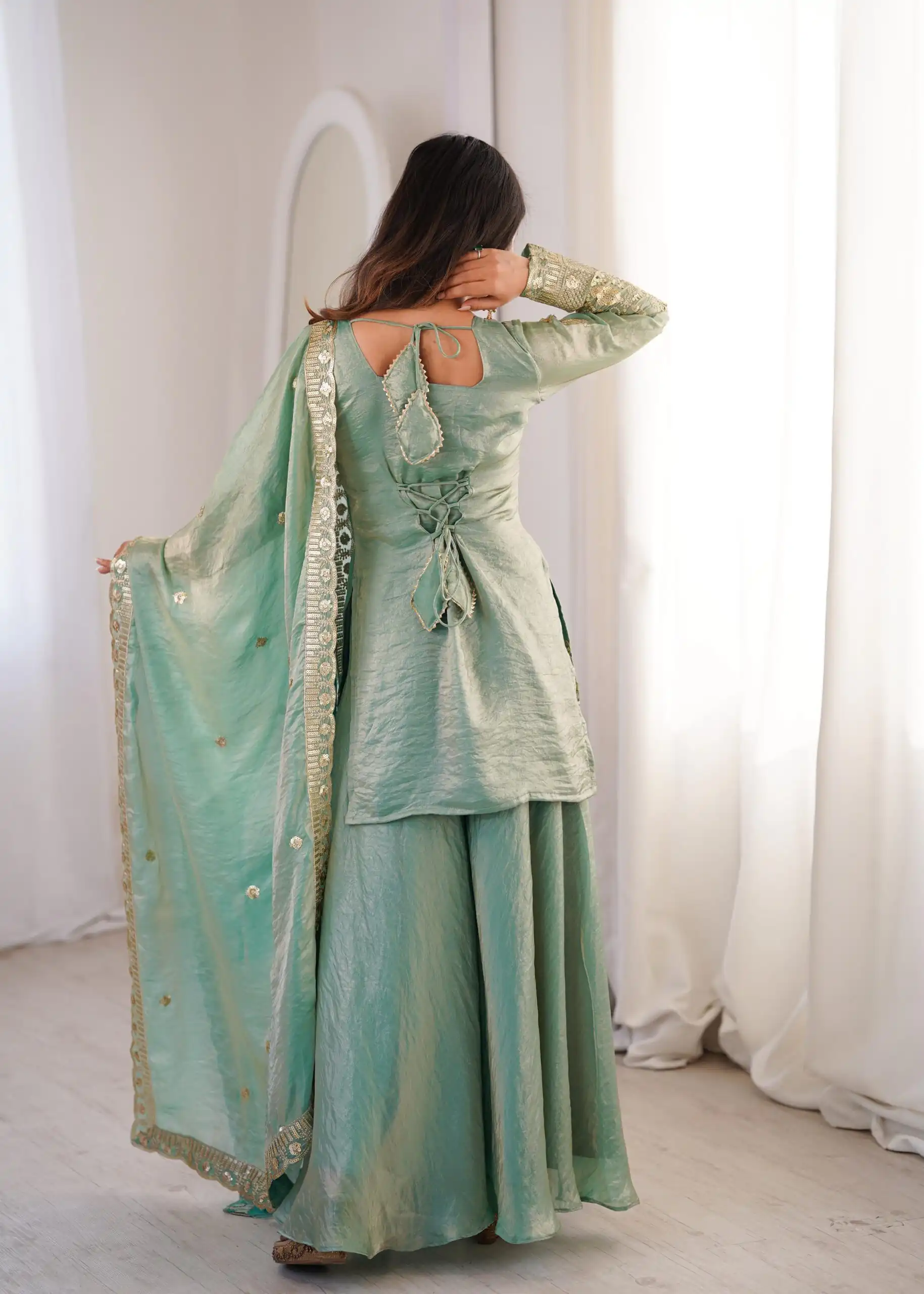 Stunning Sea Green Fendy Silk Embroidery Work Salwar Suit - Image 4