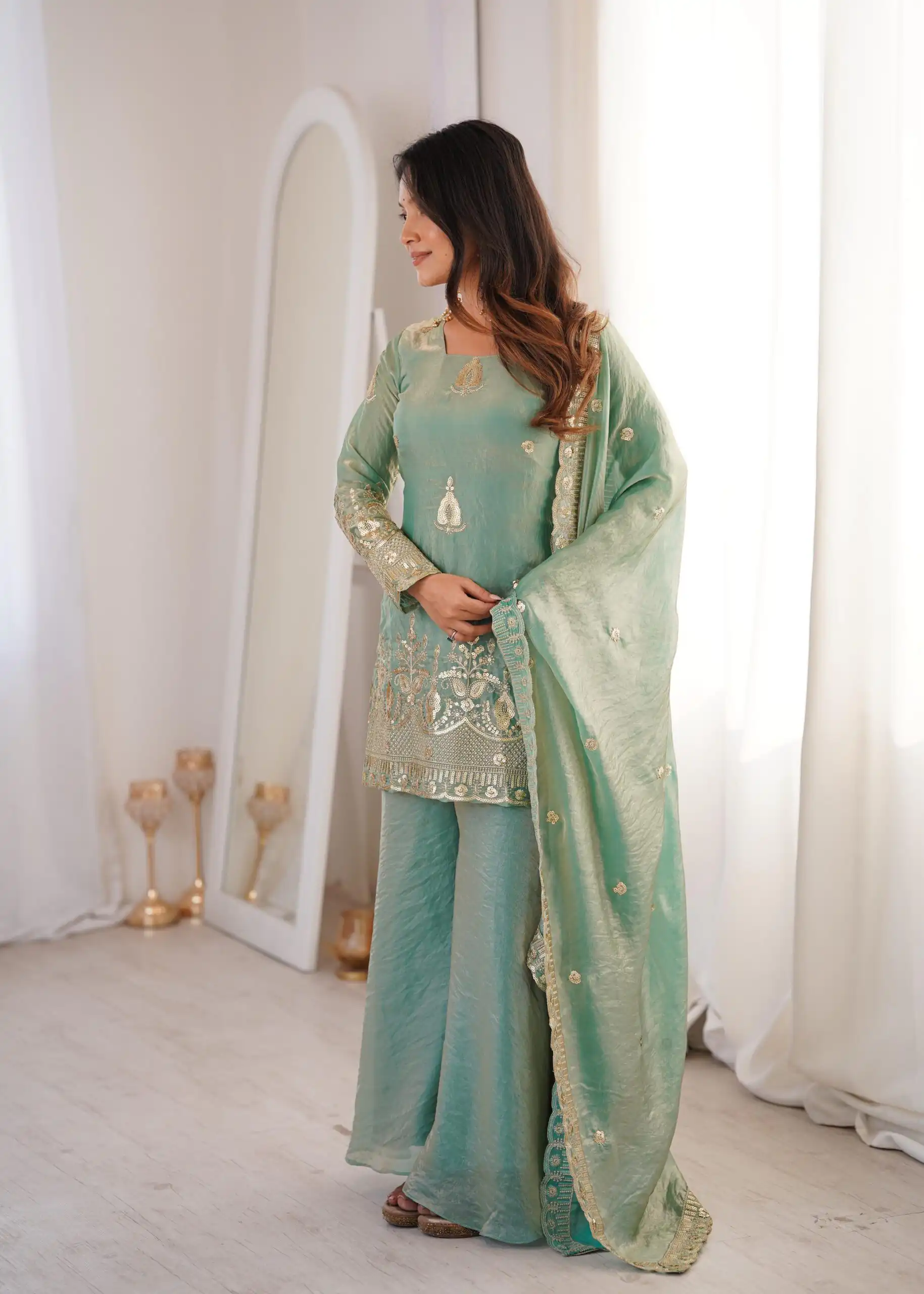 Stunning Sea Green Fendy Silk Embroidery Work Salwar Suit - Image 2