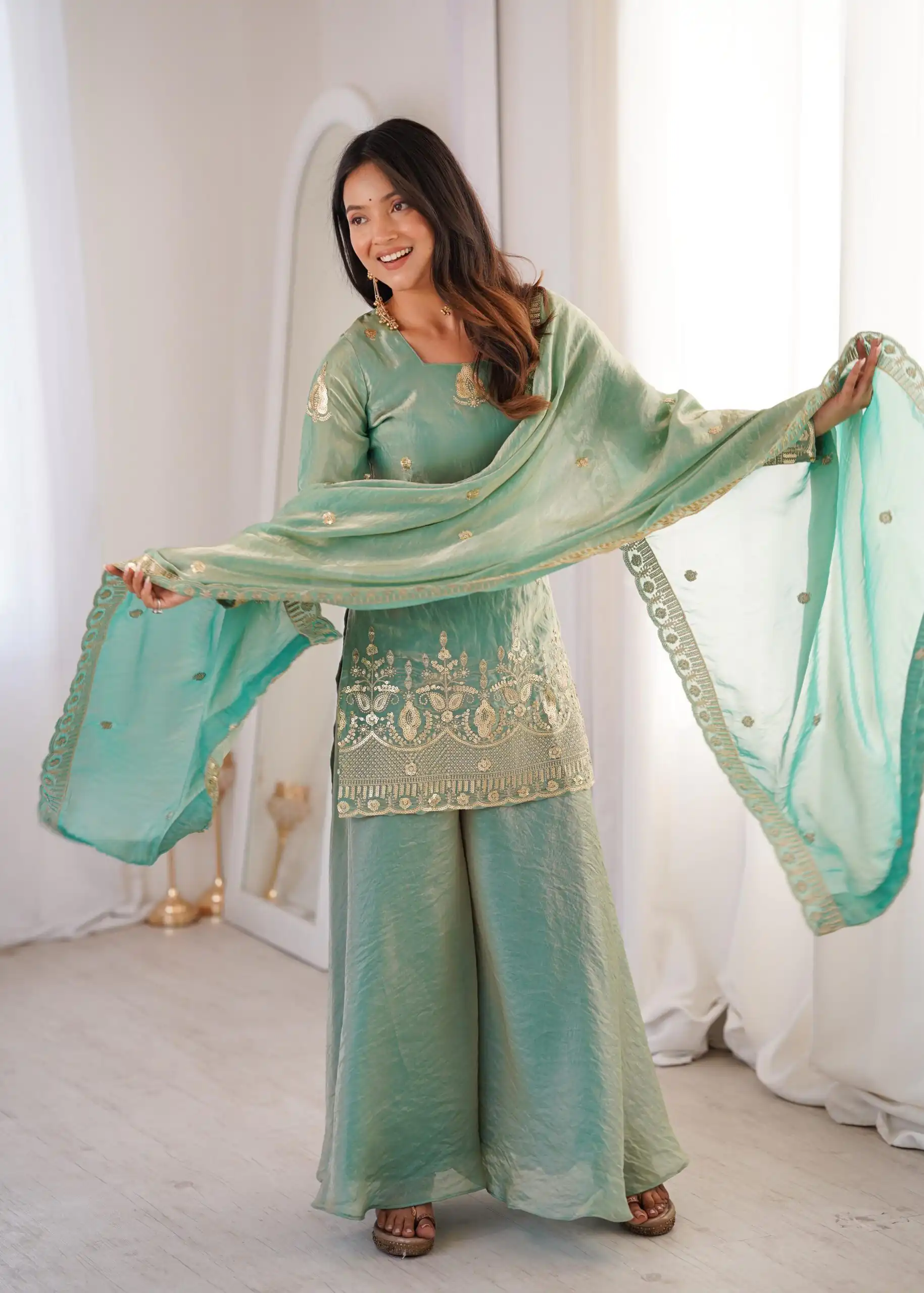 Stunning Sea Green Fendy Silk Embroidery Work Salwar Suit - Image 8