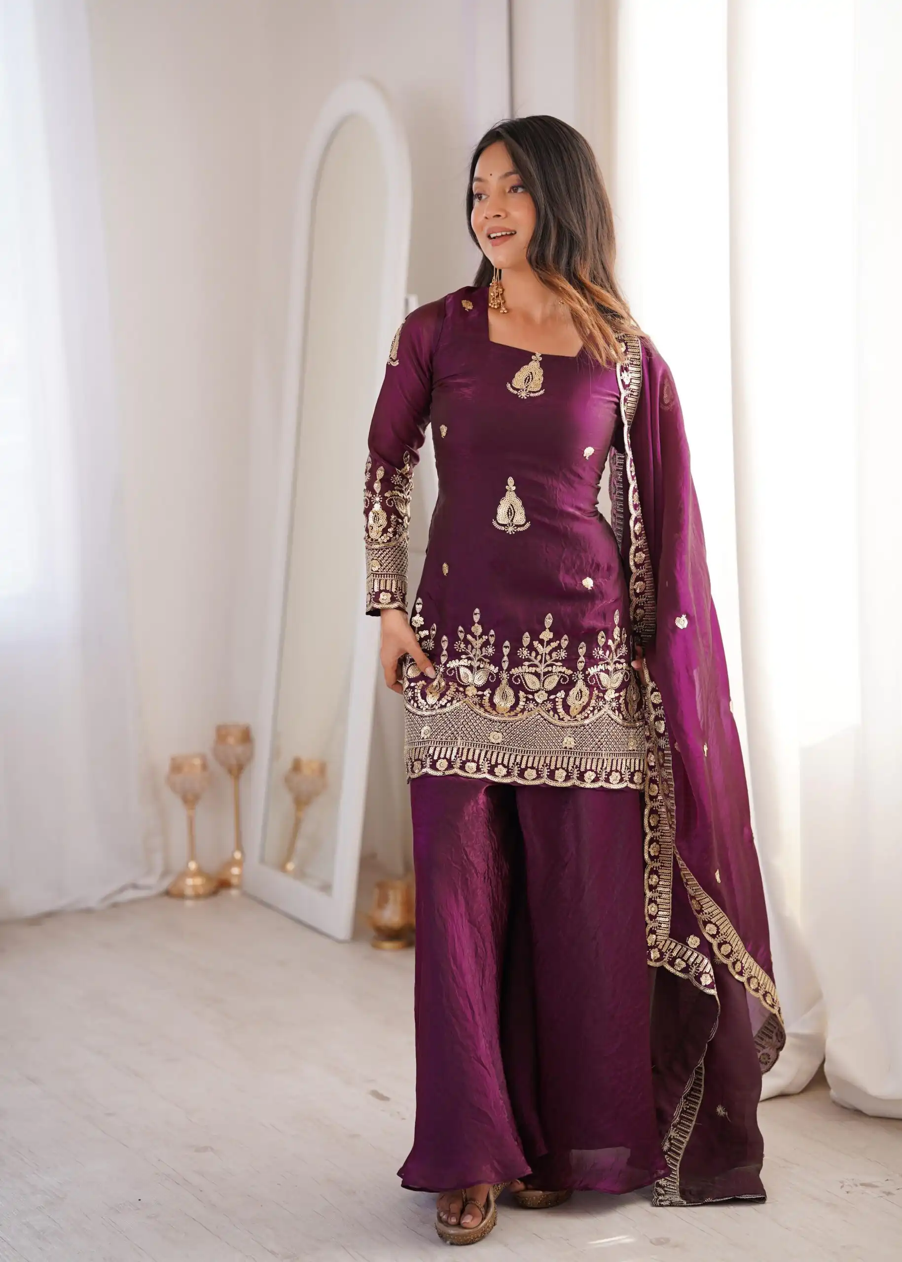 Stunning Wine Fendy Silk Embroidery Work Salwar Suit - Image 3