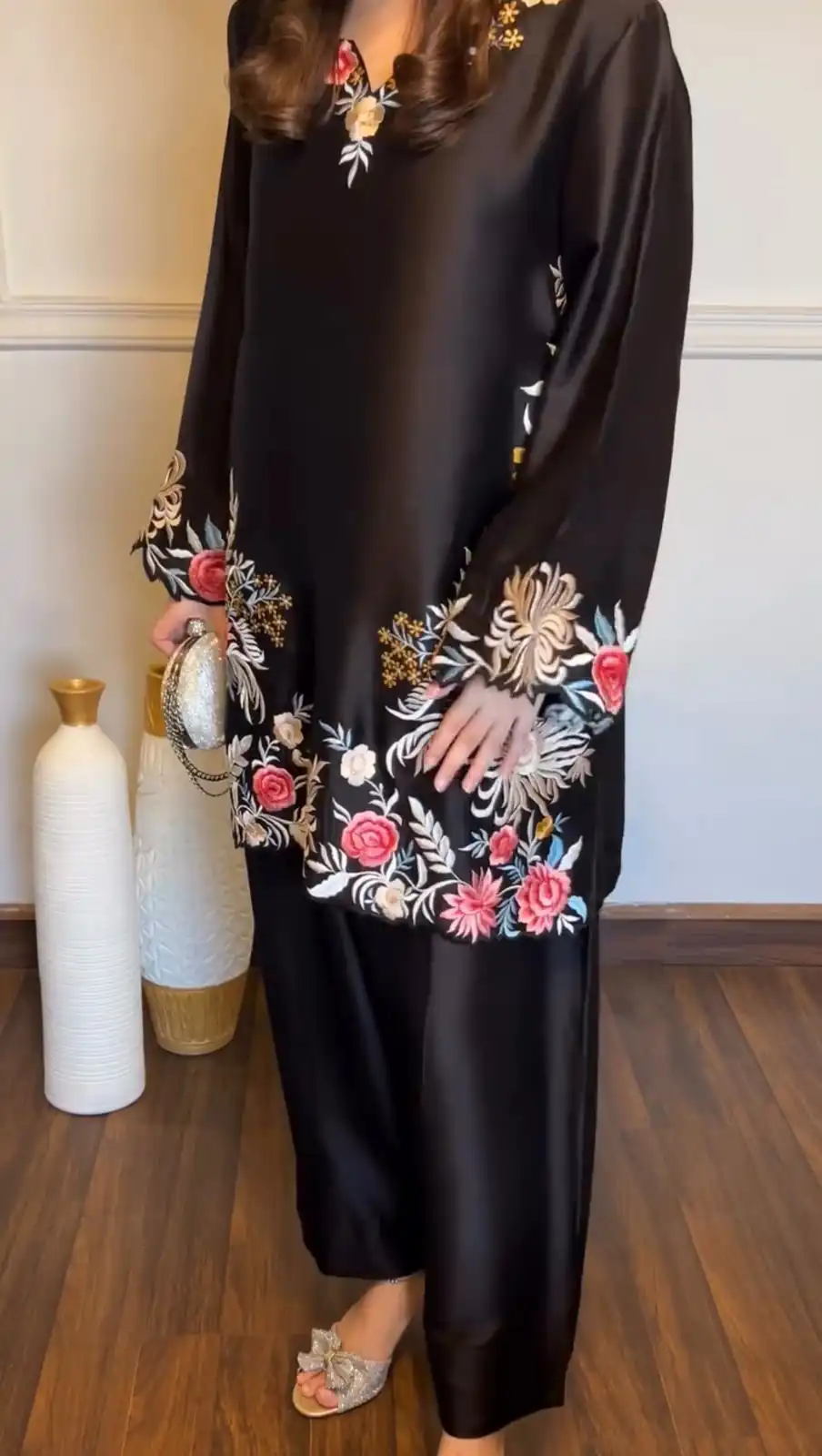 Stylist Black Rayon Satin Thread Work Salwar Suit - Image 2