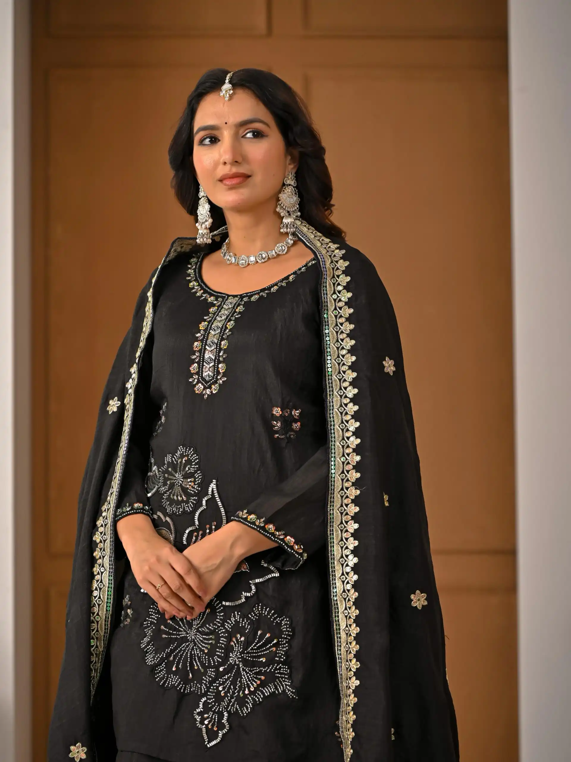 Super Black Vichitra Silk Embroidery Hand Work Salwar Suit - Image 10