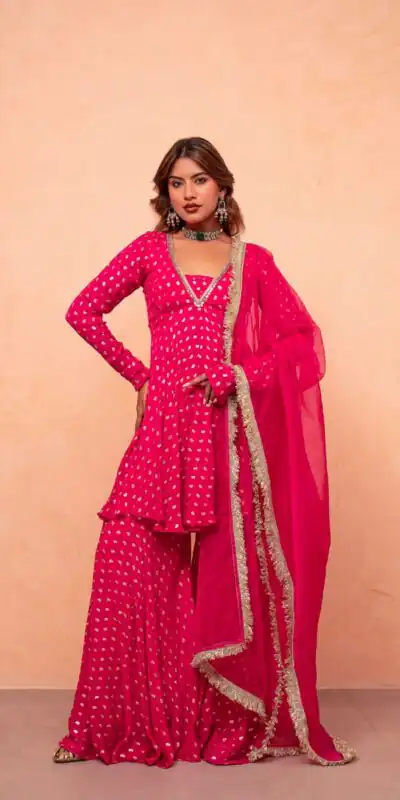 Super Pink Chanderi Jacquard Mirror Work Salwar Suit Suit