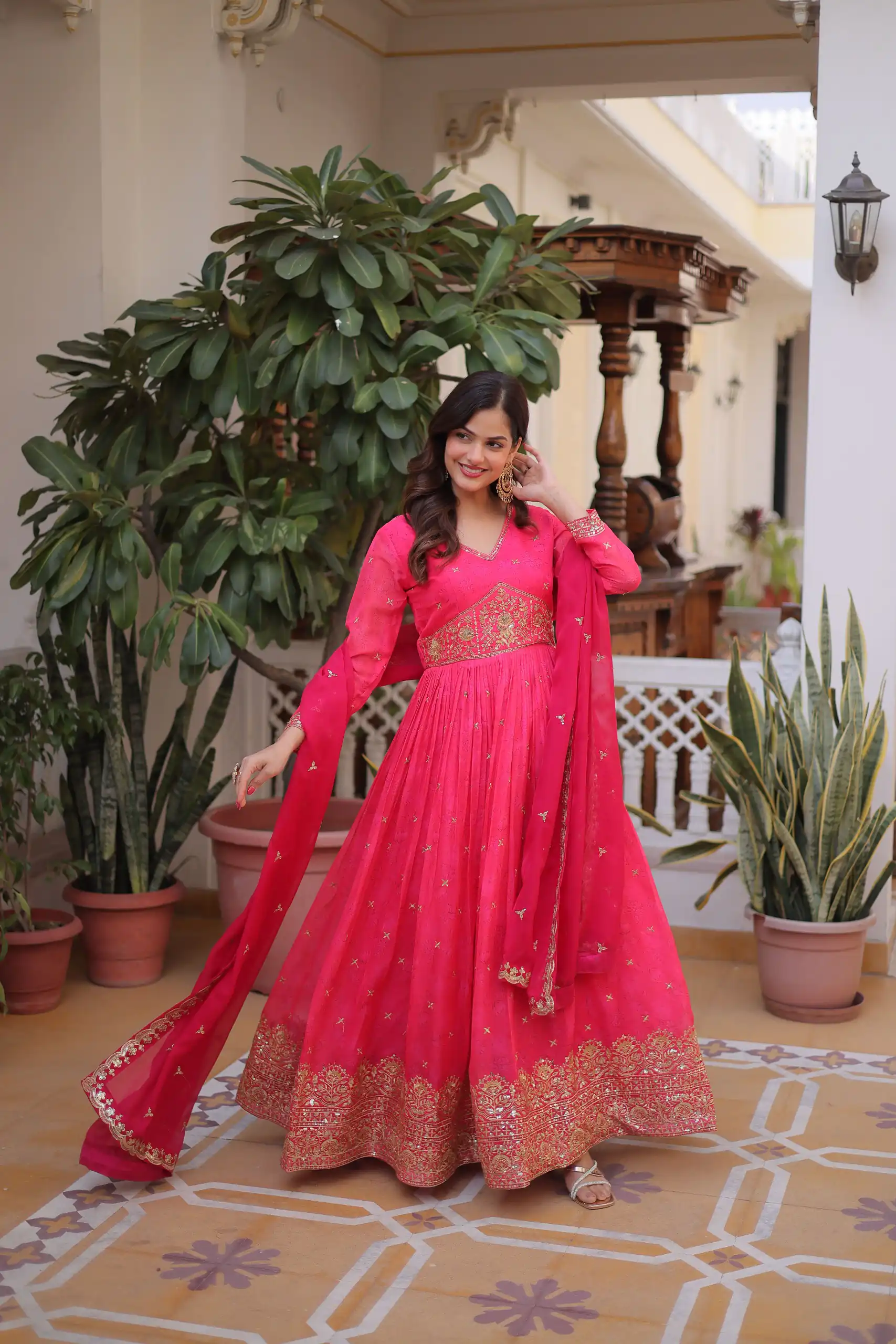 Trendy Pink Russian Silk Zari Embroidery Work Gown - Image 5