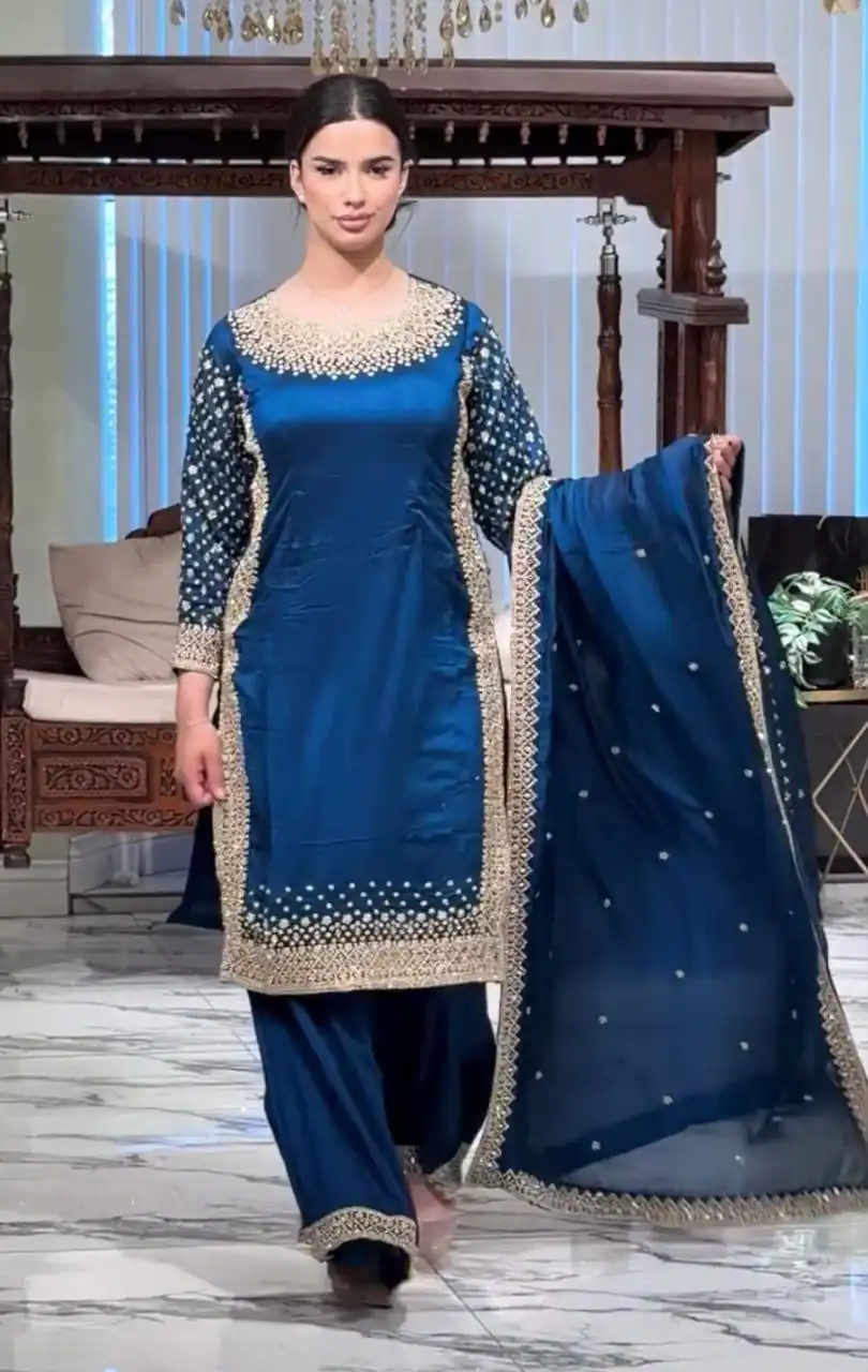 Unique Blue Natural Crepe Embroidery Work Salwar Suit