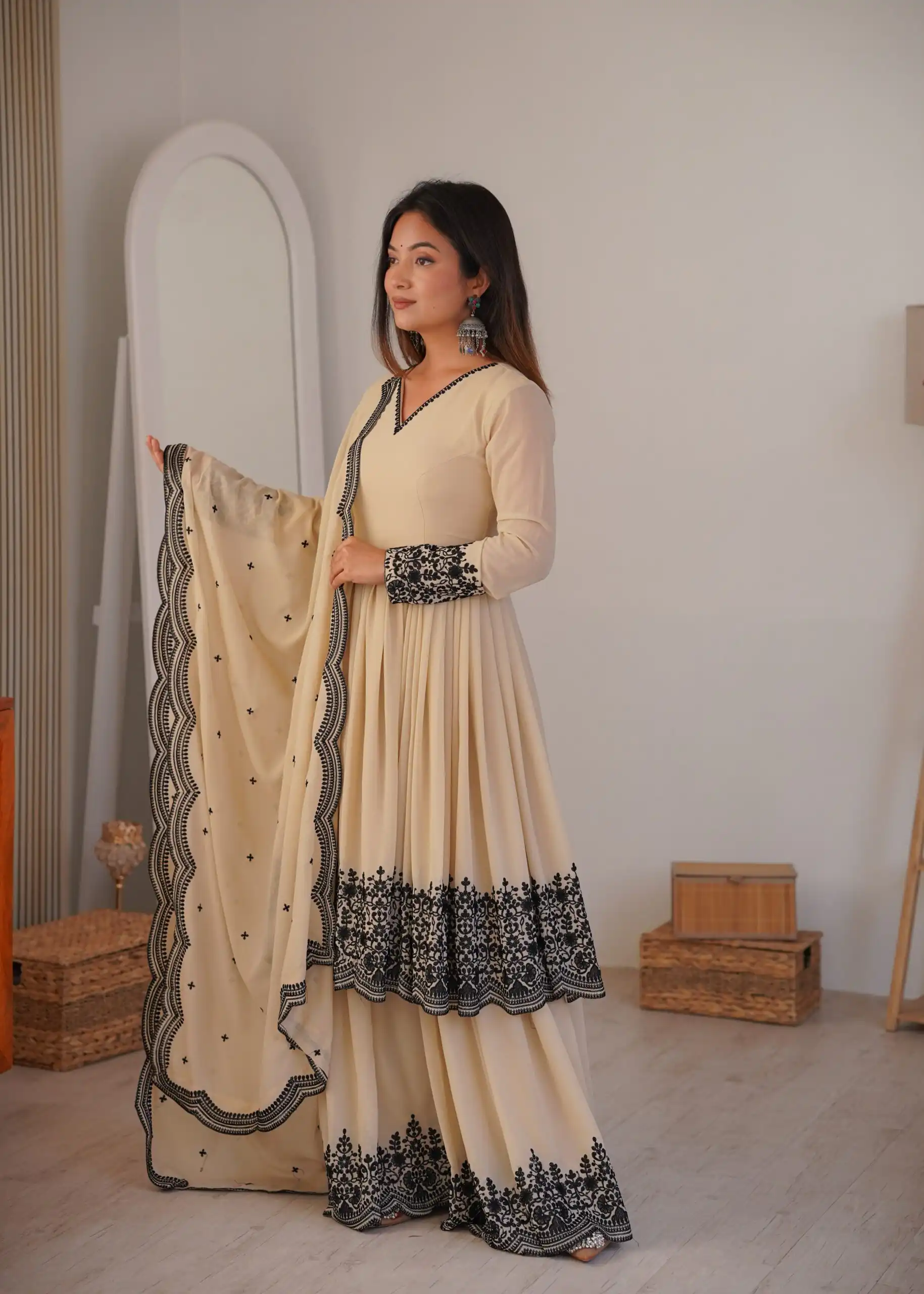 Unique Chiku Faux Georgette Embroidery Work Salwar Suit - Image 2