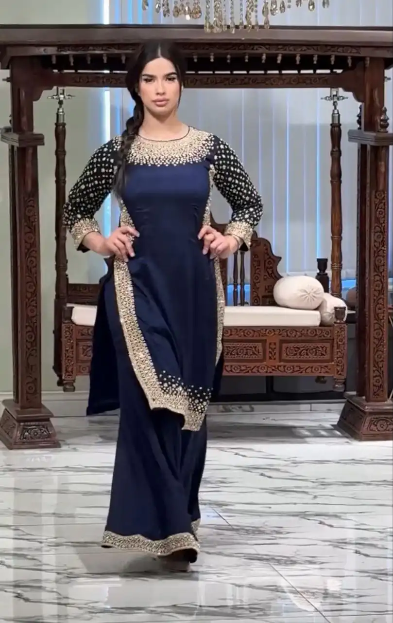 Unique Navy Blue Natural Crepe Embroidery Work Salwar Suit