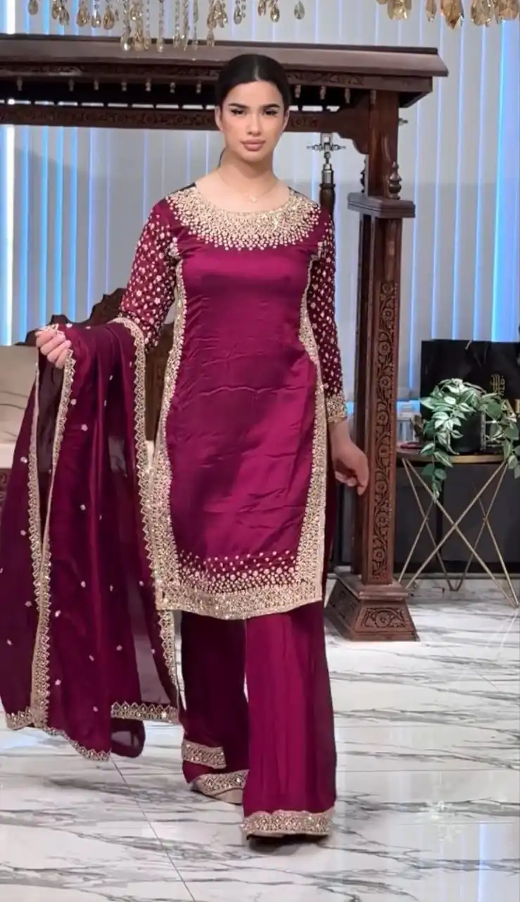 Unique Rani Pink Natural Crepe Embroidery Work Salwar Suit