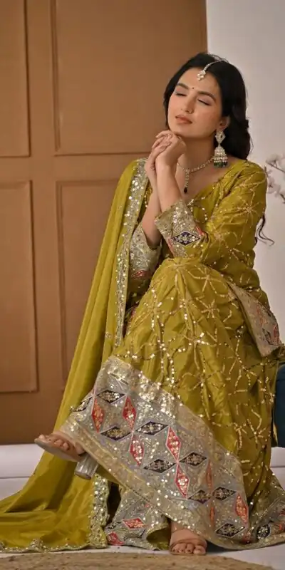 MD 3092 Mustered Chinnon Silk Salwar Suit Perfect for Wedding, Party, Ganesh Chaturthi, Baby Shower, Makar Sankranti – . Affordable Price ₹2449. De | Jump Suits, Straight Suits, Casual Suits, Creative suits, Designer Suits, Palazzo Suits, Party Wear Suits, Patiala Suits, Salwar suit