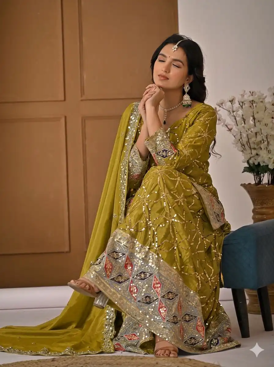 MD 3092 Mustered Chinnon Silk Salwar Suit Perfect for Wedding, Party, Ganesh Chaturthi, Baby Shower, Makar Sankranti – . Affordable Price ₹2449. De | Jump Suits, Straight Suits, Casual Suits, Creative suits, Designer Suits, Palazzo Suits, Party Wear Suits, Patiala Suits, Salwar suit