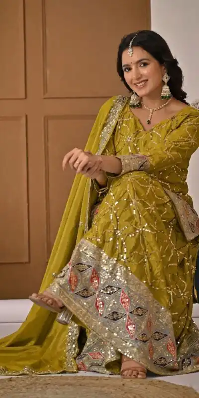 MD 3092 Mustered Chinnon Silk Salwar Suit Perfect for Wedding, Party, Ganesh Chaturthi, Baby Shower, Makar Sankranti – . Affordable Price ₹2449. De | Jump Suits, Straight Suits, Casual Suits, Creative suits, Designer Suits, Palazzo Suits, Party Wear Suits, Patiala Suits, Salwar suit