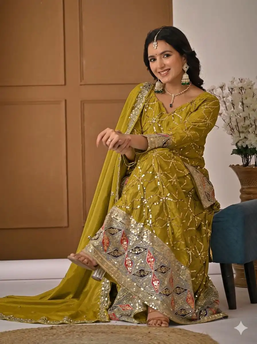 MD 3092 Mustered Chinnon Silk Salwar Suit Perfect for Wedding, Party, Ganesh Chaturthi, Baby Shower, Makar Sankranti – . Affordable Price ₹2449. De | Jump Suits, Straight Suits, Casual Suits, Creative suits, Designer Suits, Palazzo Suits, Party Wear Suits, Patiala Suits, Salwar suit