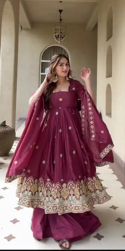 MD 3097 Red Color Natural Crep Anarkali Suit with Embroidery Work. Exclusive Offer ₹2649. Delivery 4-6 Working Days. Shop now. | Anarkali Suits, Bollywood Anarkali, Creative-Anarkali, Designer Anarkali, Embroidered Anarkali, Party Wear Anarkali