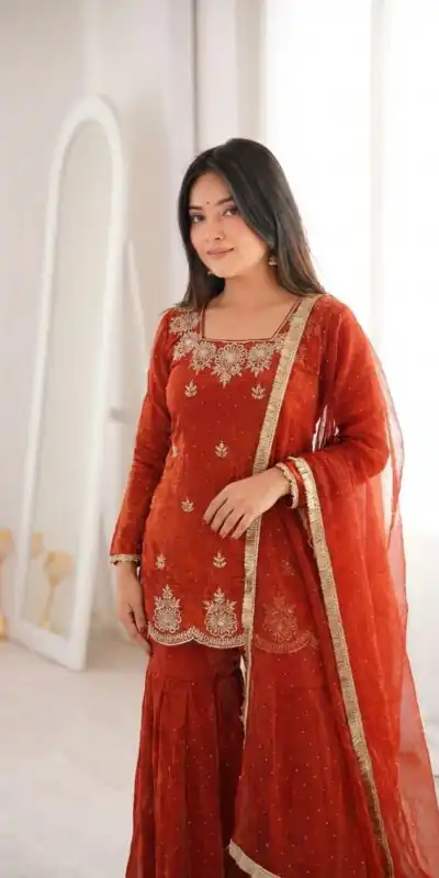 ZSR 3166 Rust Color Fendy Silk With Embroidery Work Salwar Suit. Get it for ₹2149. Delivery 4-6 Working Days. Online Shop now. | Jump Suits, Straight Suits, Casual Suits, Creative suits, Designer Suits, Palazzo Suits, Party Wear Suits, Patiala Suits, Salwar suit
