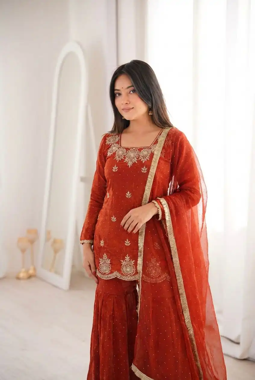 ZSR 3166 Rust Color Fendy Silk With Embroidery Work Salwar Suit. Get it for ₹2149. Delivery 4-6 Working Days. Online Shop now. | Jump Suits, Straight Suits, Casual Suits, Creative suits, Designer Suits, Palazzo Suits, Party Wear Suits, Patiala Suits, Salwar suit