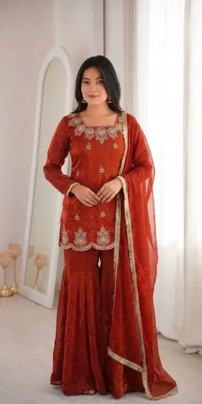 ZSR 3166 Rust Color Fendy Silk With Embroidery Work Salwar Suit. Get it for ₹2149. Delivery 4-6 Working Days. Online Shop now. | Jump Suits, Straight Suits, Casual Suits, Creative suits, Designer Suits, Palazzo Suits, Party Wear Suits, Patiala Suits, Salwar suit