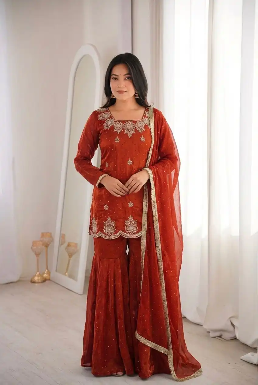 ZSR 3166 Rust Color Fendy Silk With Embroidery Work Salwar Suit. Get it for ₹2149. Delivery 4-6 Working Days. Online Shop now. | Jump Suits, Straight Suits, Casual Suits, Creative suits, Designer Suits, Palazzo Suits, Party Wear Suits, Patiala Suits, Salwar suit