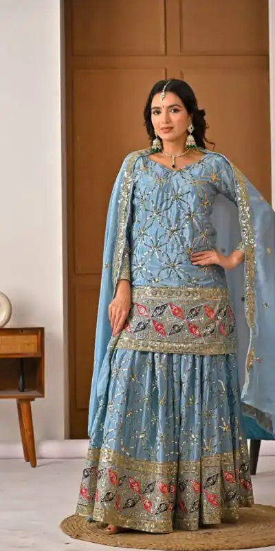 MD 3092 Sky Blue Chinnon Silk Salwar Suit Perfect for Wedding, Party, Ganesh Chaturthi, Baby Shower, Makar Sankranti – . Affordable Price ₹2449. De | Jump Suits, Straight Suits, Casual Suits, Creative suits, Designer Suits, Palazzo Suits, Party Wear Suits, Patiala Suits, Salwar suit