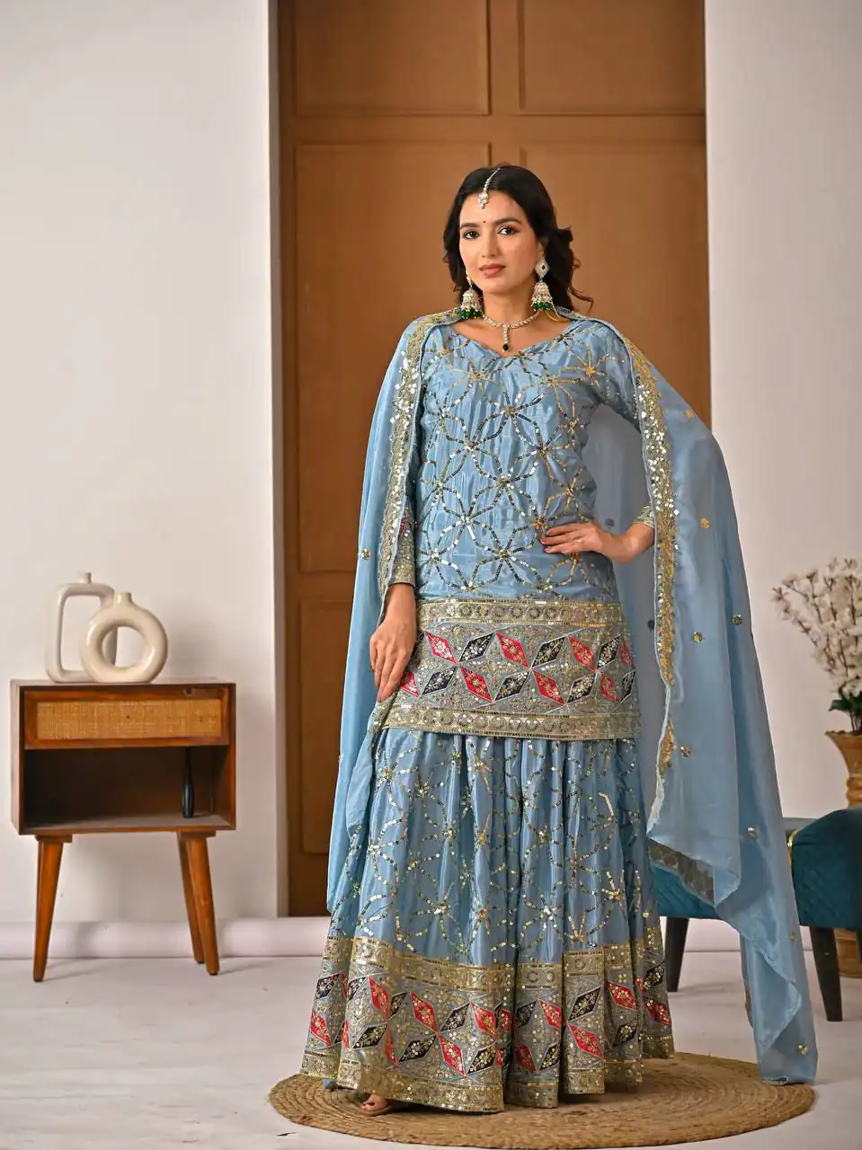 MD 3092 Sky Blue Chinnon Silk Salwar Suit Perfect for Wedding, Party, Ganesh Chaturthi, Baby Shower, Makar Sankranti – . Affordable Price ₹2449. De | Jump Suits, Straight Suits, Casual Suits, Creative suits, Designer Suits, Palazzo Suits, Party Wear Suits, Patiala Suits, Salwar suit