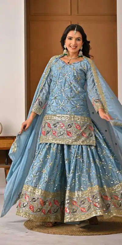 MD 3092 Sky Blue Chinnon Silk Salwar Suit Perfect for Wedding, Party, Ganesh Chaturthi, Baby Shower, Makar Sankranti – . Affordable Price ₹2449. De | Jump Suits, Straight Suits, Casual Suits, Creative suits, Designer Suits, Palazzo Suits, Party Wear Suits, Patiala Suits, Salwar suit