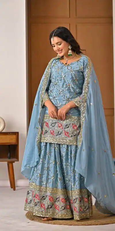 MD 3092 Sky Blue Chinnon Silk Salwar Suit Perfect for Wedding, Party, Ganesh Chaturthi, Baby Shower, Makar Sankranti – . Affordable Price ₹2449. De | Jump Suits, Straight Suits, Casual Suits, Creative suits, Designer Suits, Palazzo Suits, Party Wear Suits, Patiala Suits, Salwar suit
