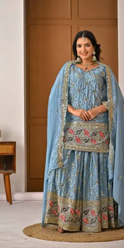 MD 3092 Sky Blue Chinnon Silk Salwar Suit Perfect for Wedding, Party, Ganesh Chaturthi, Baby Shower, Makar Sankranti – . Affordable Price ₹2449. De | Jump Suits, Straight Suits, Casual Suits, Creative suits, Designer Suits, Palazzo Suits, Party Wear Suits, Patiala Suits, Salwar suit