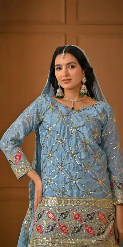 MD 3092 Sky Blue Chinnon Silk Salwar Suit Perfect for Wedding, Party, Ganesh Chaturthi, Baby Shower, Makar Sankranti – . Affordable Price ₹2449. De | Jump Suits, Straight Suits, Casual Suits, Creative suits, Designer Suits, Palazzo Suits, Party Wear Suits, Patiala Suits, Salwar suit