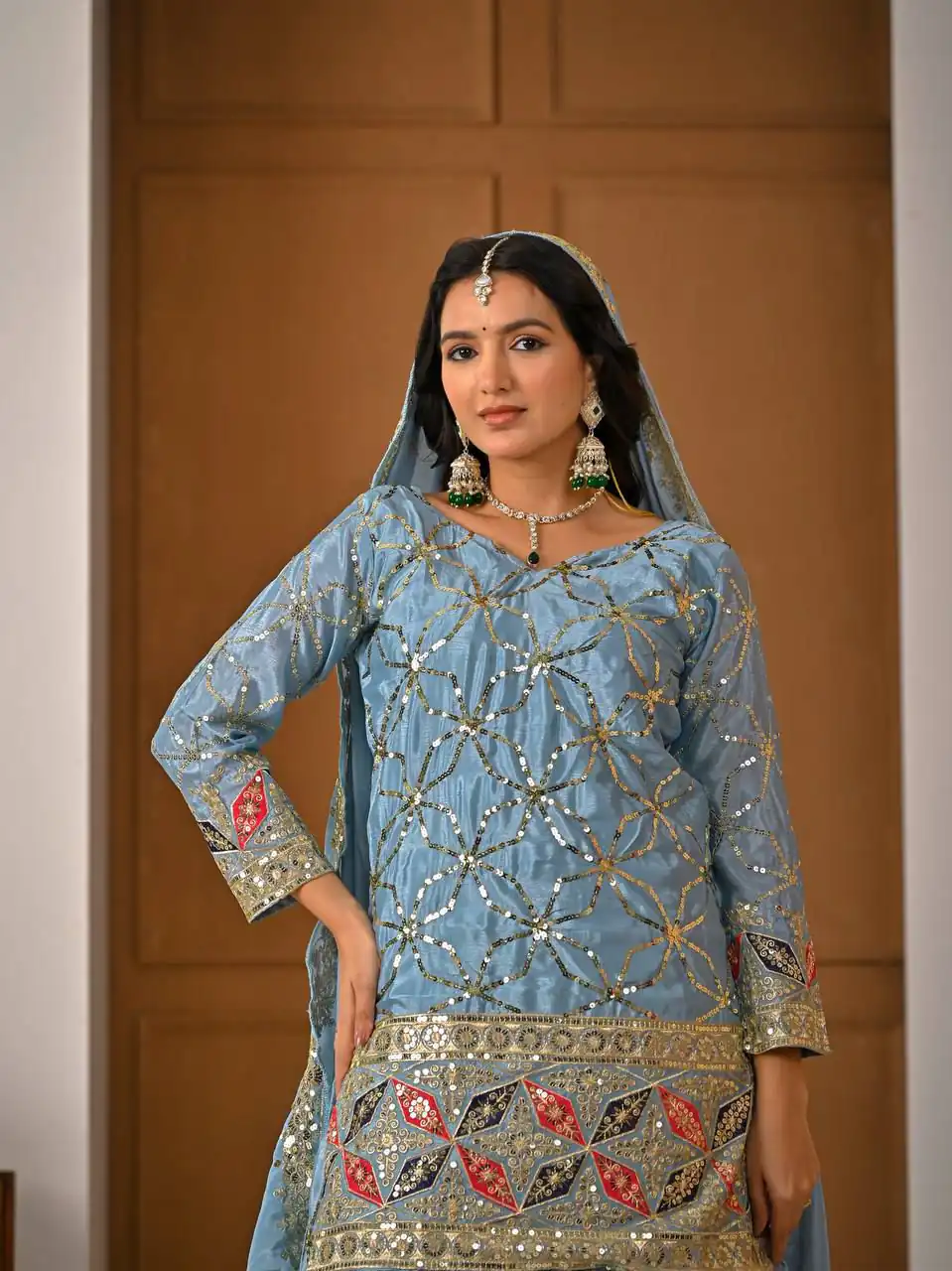 MD 3092 Sky Blue Chinnon Silk Salwar Suit Perfect for Wedding, Party, Ganesh Chaturthi, Baby Shower, Makar Sankranti – . Affordable Price ₹2449. De | Jump Suits, Straight Suits, Casual Suits, Creative suits, Designer Suits, Palazzo Suits, Party Wear Suits, Patiala Suits, Salwar suit