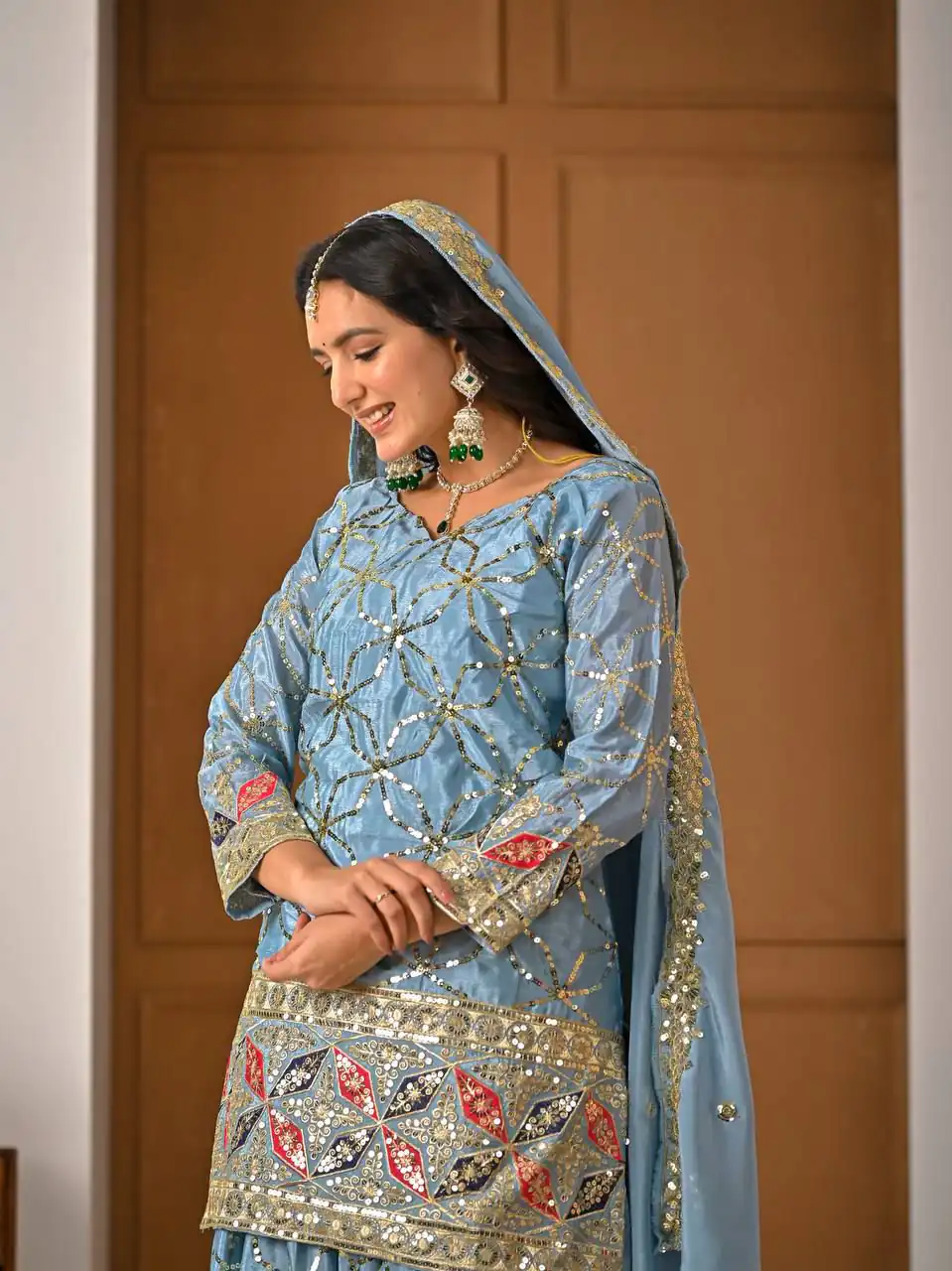 MD 3092 Sky Blue Chinnon Silk Salwar Suit Perfect for Wedding, Party, Ganesh Chaturthi, Baby Shower, Makar Sankranti – . Affordable Price ₹2449. De | Jump Suits, Straight Suits, Casual Suits, Creative suits, Designer Suits, Palazzo Suits, Party Wear Suits, Patiala Suits, Salwar suit