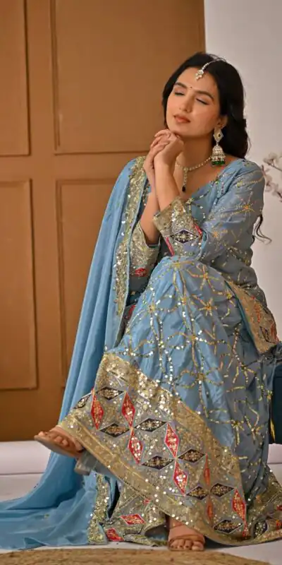 MD 3092 Sky Blue Chinnon Silk Salwar Suit Perfect for Wedding, Party, Ganesh Chaturthi, Baby Shower, Makar Sankranti – . Affordable Price ₹2449. De | Jump Suits, Straight Suits, Casual Suits, Creative suits, Designer Suits, Palazzo Suits, Party Wear Suits, Patiala Suits, Salwar suit